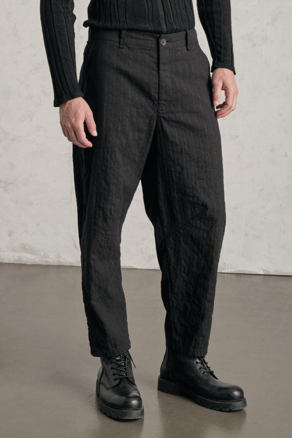 Transit Loose-fit tobi trousers in mottled pinstriped cotton blend with hand embroidery on the back pocket