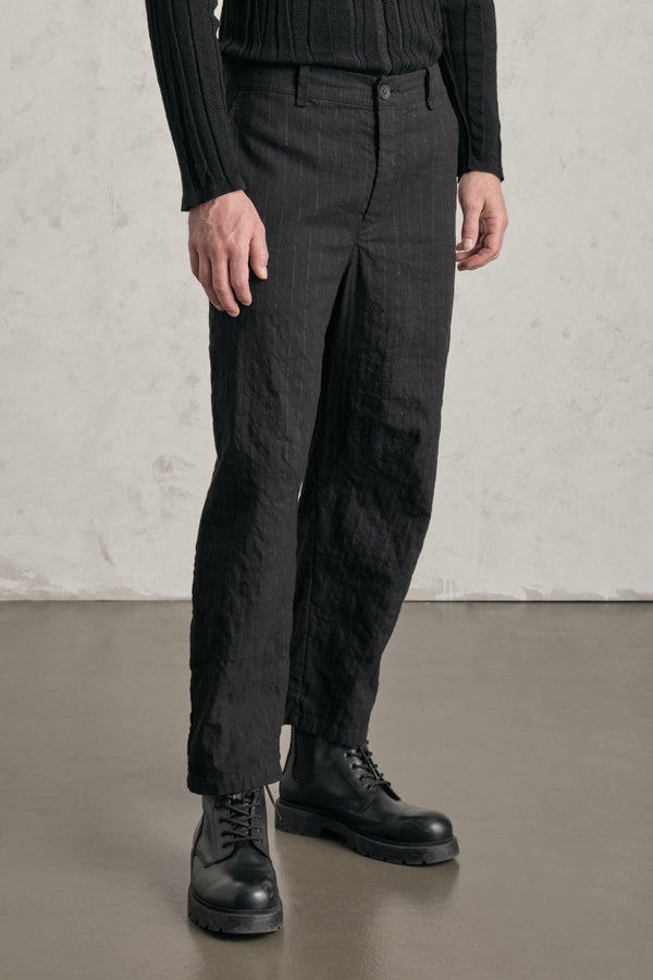 Transit Loose-fit tobi trousers in mottled pinstriped cotton blend with hand embroidery on the back pocket