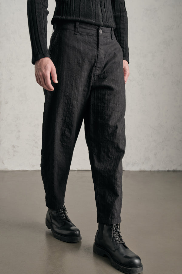 Transit Loose-fit tobi trousers in mottled pinstriped cotton blend with hand embroidery on the back pocket
