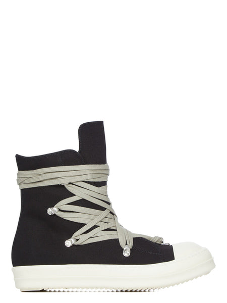Rick Owens DRKSHDW SS26 TEMPLE MEGALACE® SNEAKS IN BLACK/MILK/MILK 13OZ OVERDYED DENIM