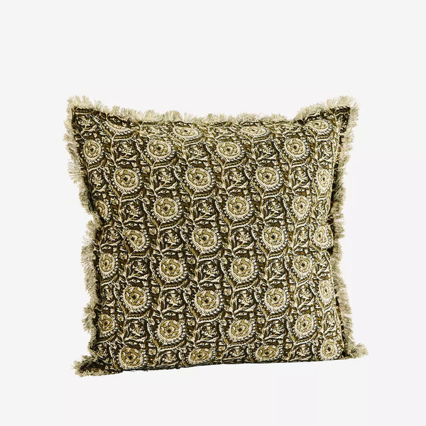 Madam Stoltz Printed cushion cover w/fringes