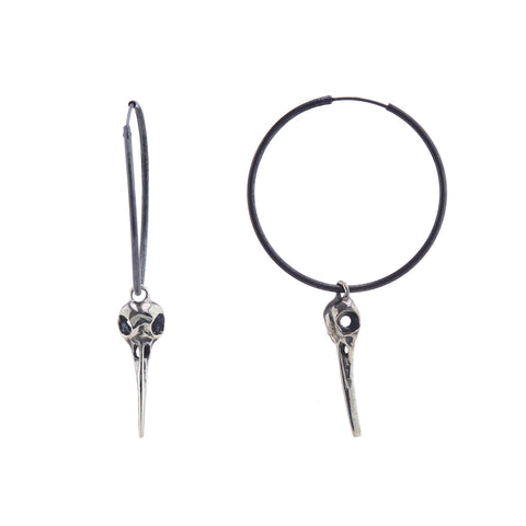 Bird Skull Hoop Earrings - Oxidised