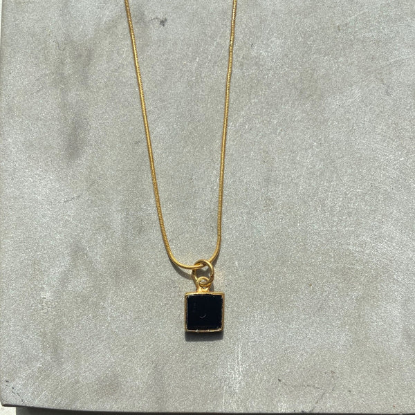 Semi-precious Stone Necklace - gold plated snake chain with onyx pendant