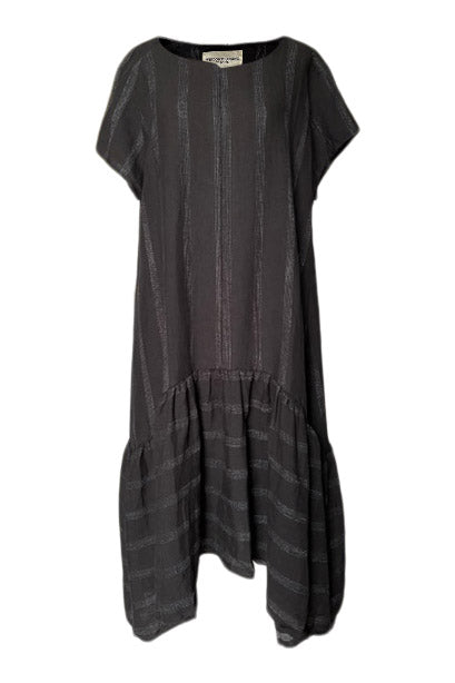 WDTS Black Linen with grey thread Seam Detail Frilled Hem Dress