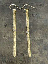 Long Hammered 925 Earrings - Gold Plated with Rainbow Moonstone Stone