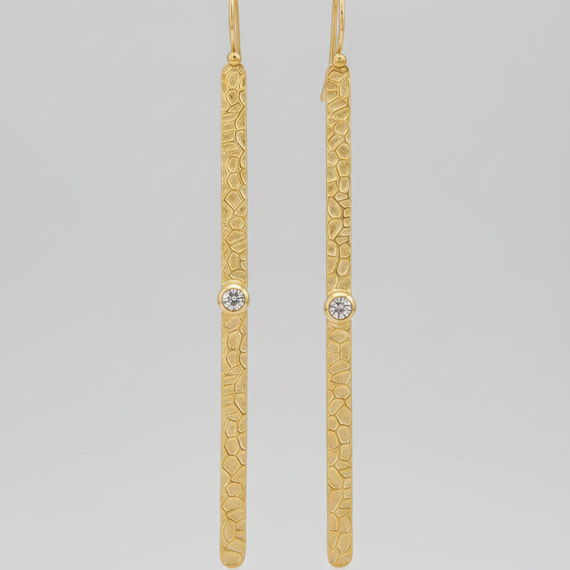 Long Hammered 925 Earrings - Gold Plated with Rainbow Moonstone Stone