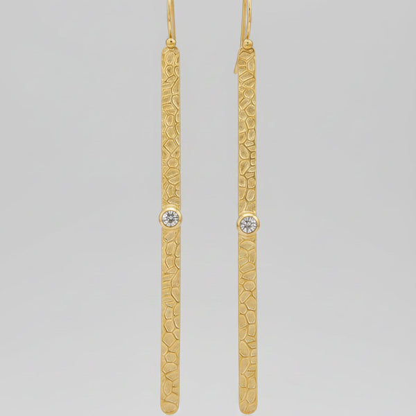 Long Hammered 925 Earrings - Gold Plated with Rainbow Moonstone Stone