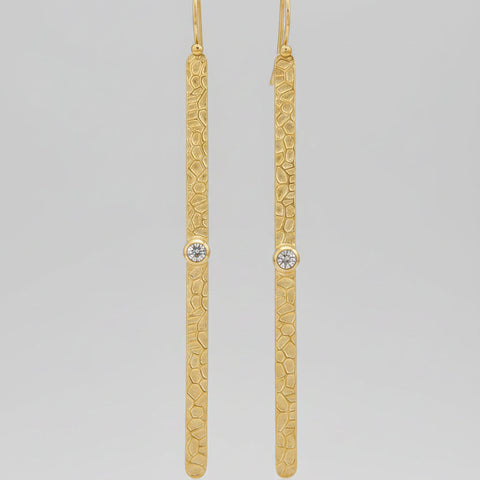 Long Hammered 925 Earrings - Gold Plated with Rainbow Moonstone Stone