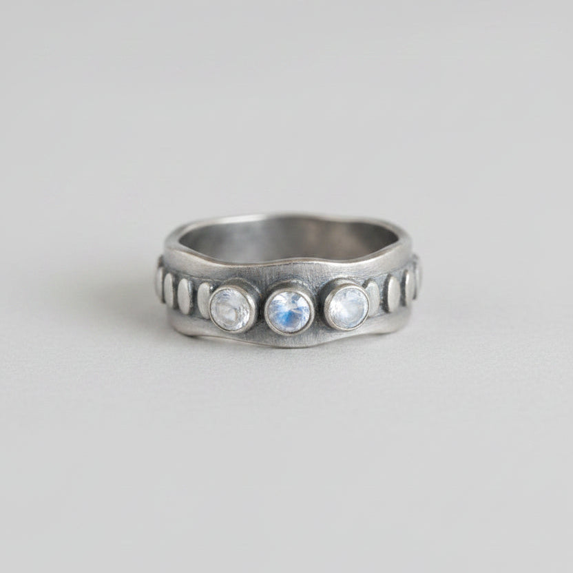 925 Oxidised Silver Jaggered Ring  3 Faceted Rainbow stones