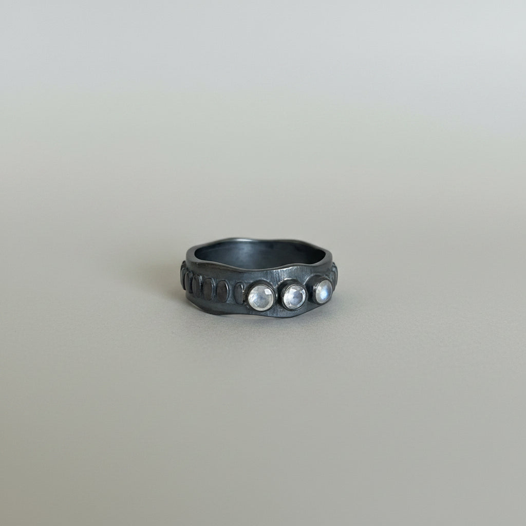 925 Oxidised Silver Jaggered Ring  3 Faceted Rainbow stones