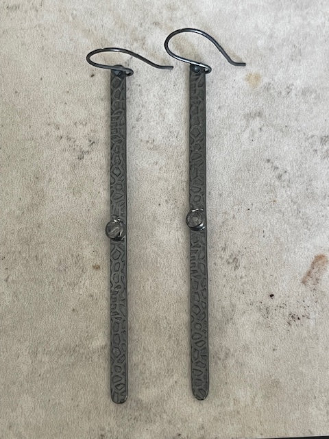 Long Hammered 925 Earrings - Oxidised with Rainbow Moonstone Stone