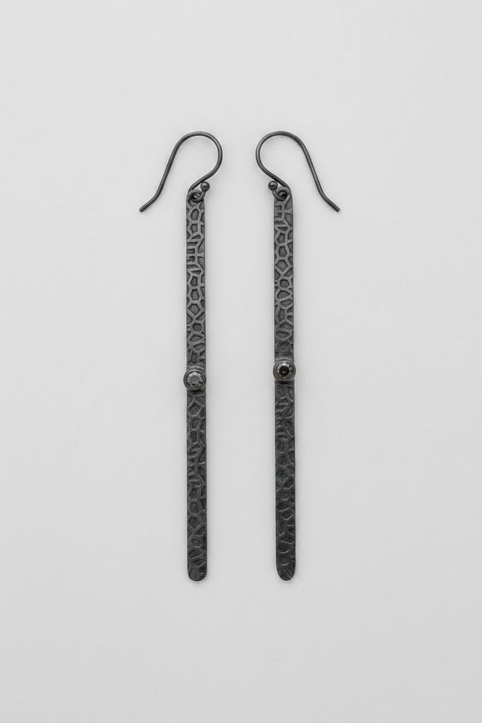 Long Hammered 925 Earrings - Oxidised with Rainbow Moonstone Stone