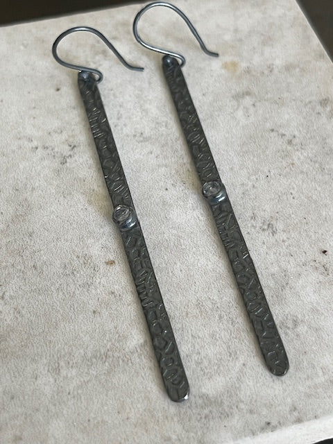 Long Hammered 925 Earrings - Oxidised with Rainbow Moonstone Stone