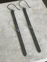 Long Hammered 925 Earrings - Oxidised with Rainbow Moonstone Stone