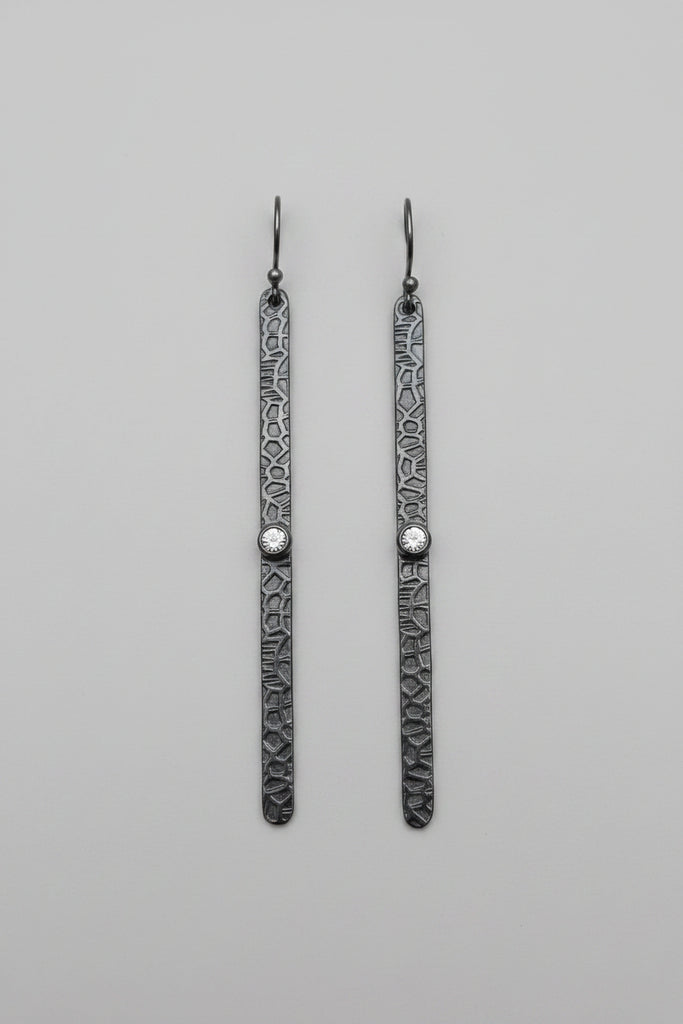Long Hammered 925 Earrings - Oxidised with Rainbow Moonstone Stone