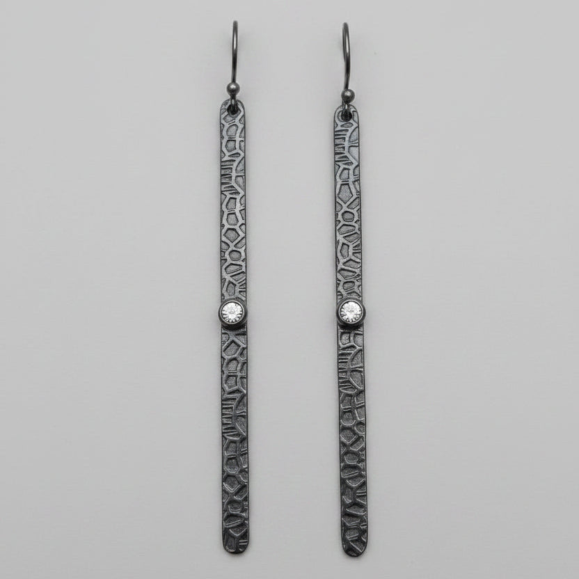 Long Hammered 925 Earrings - Oxidised with Rainbow Moonstone Stone