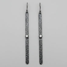 Long Hammered 925 Earrings - Oxidised with Rainbow Moonstone Stone