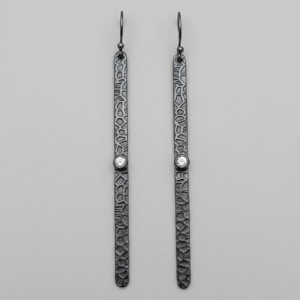 Long Hammered 925 Earrings - Oxidised with Rainbow Moonstone Stone