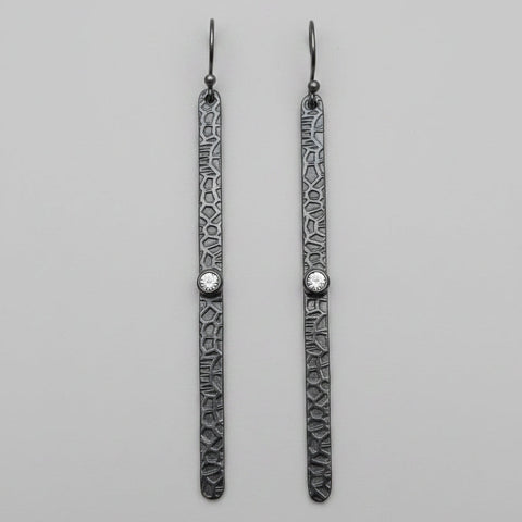 Long Hammered 925 Earrings - Oxidised with Rainbow Moonstone Stone