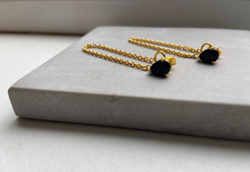 Black Onyx and Gold Chain Drop Earrings