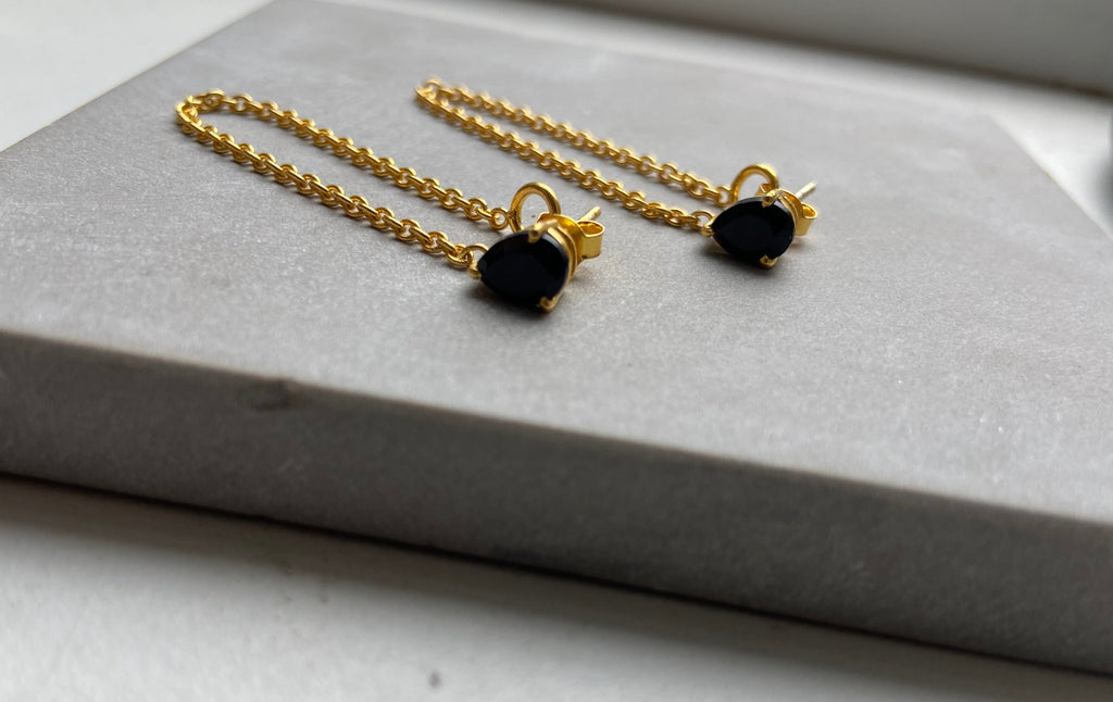 Black Onyx and Gold Chain Drop Earrings