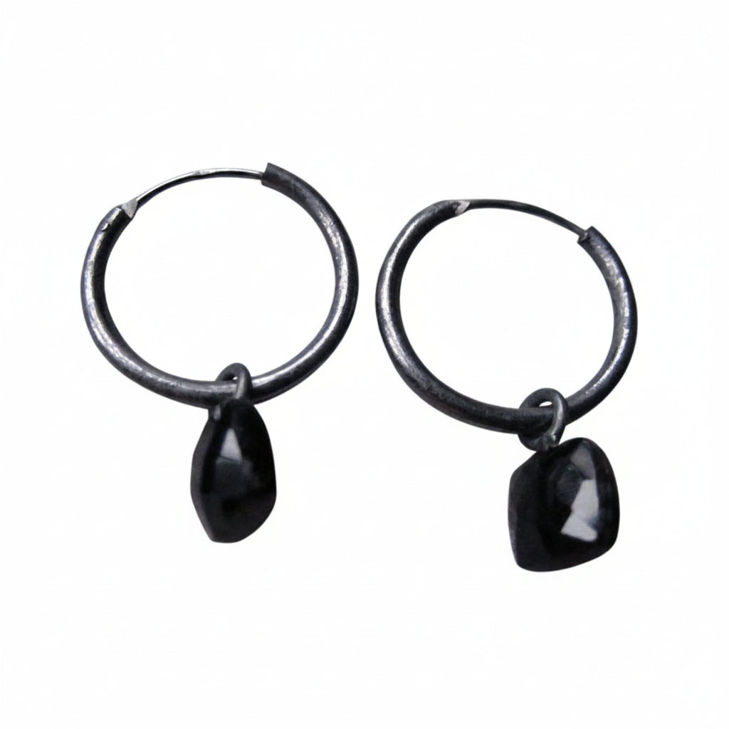 925 Silver Small Black Onyx Hoop Earrings - Oxidised