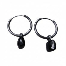 925 Silver Small Black Onyx Hoop Earrings - Oxidised