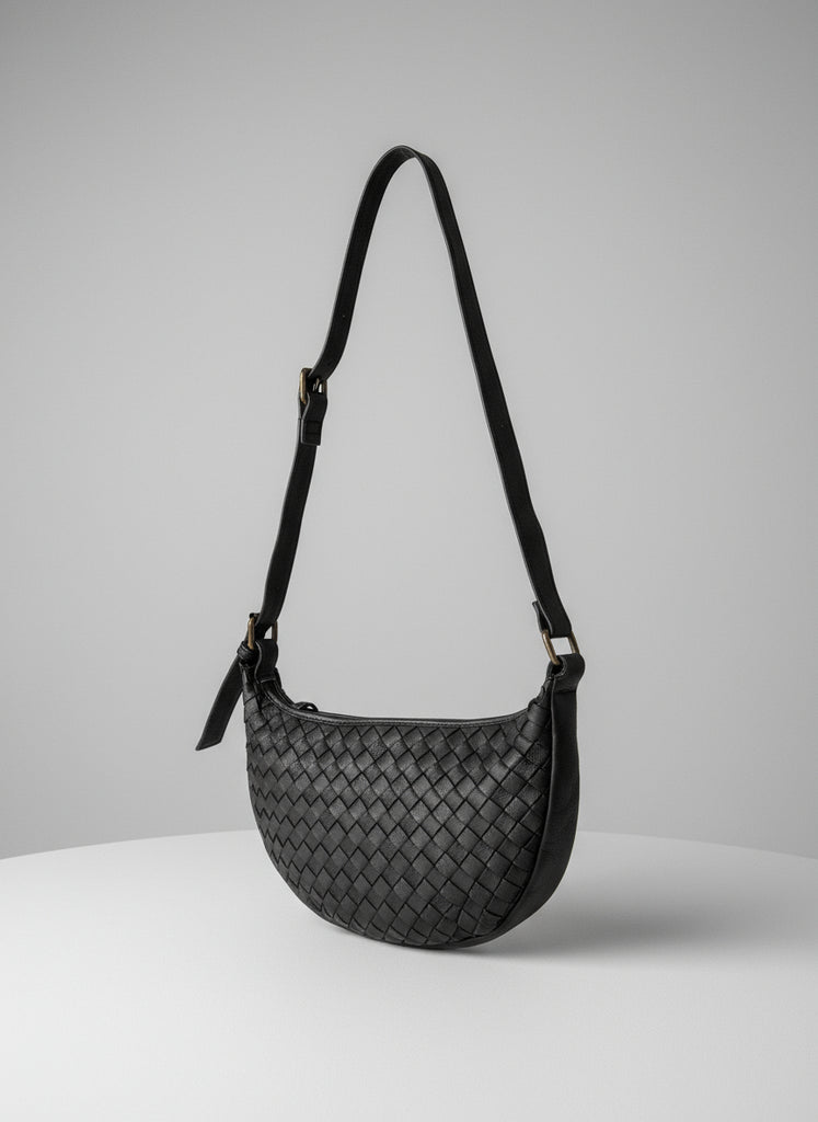 Priscilla Bag -  Black Woven Crescent Bag
