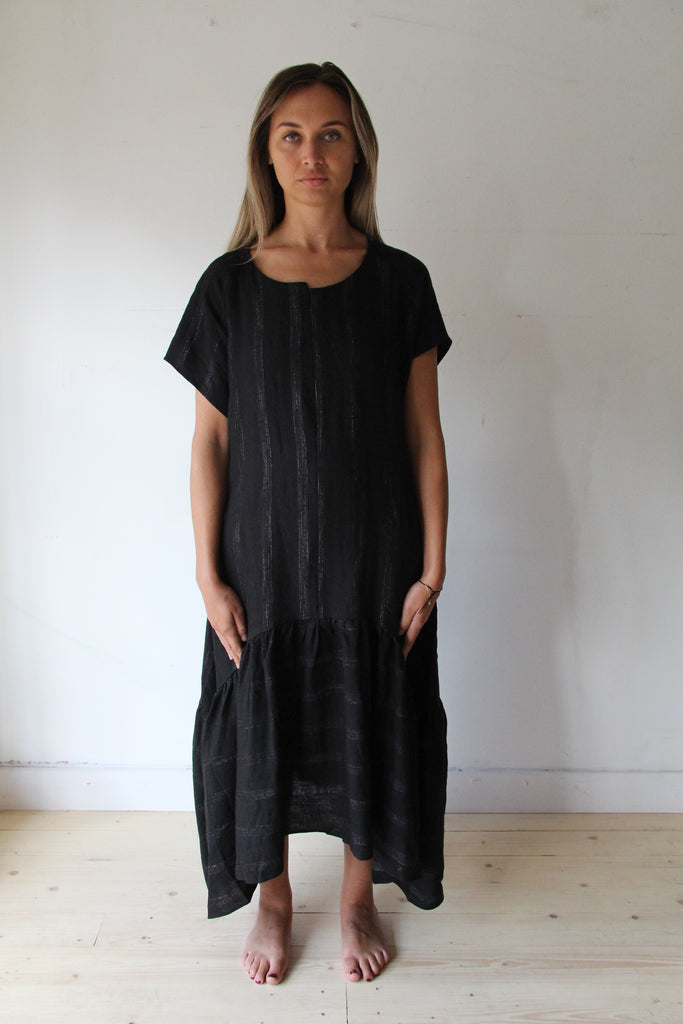 WDTS Black Linen with grey thread Seam Detail Frilled Hem Dress