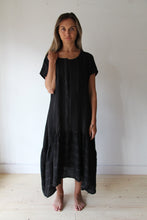 WDTS Black Linen with grey thread Seam Detail Frilled Hem Dress