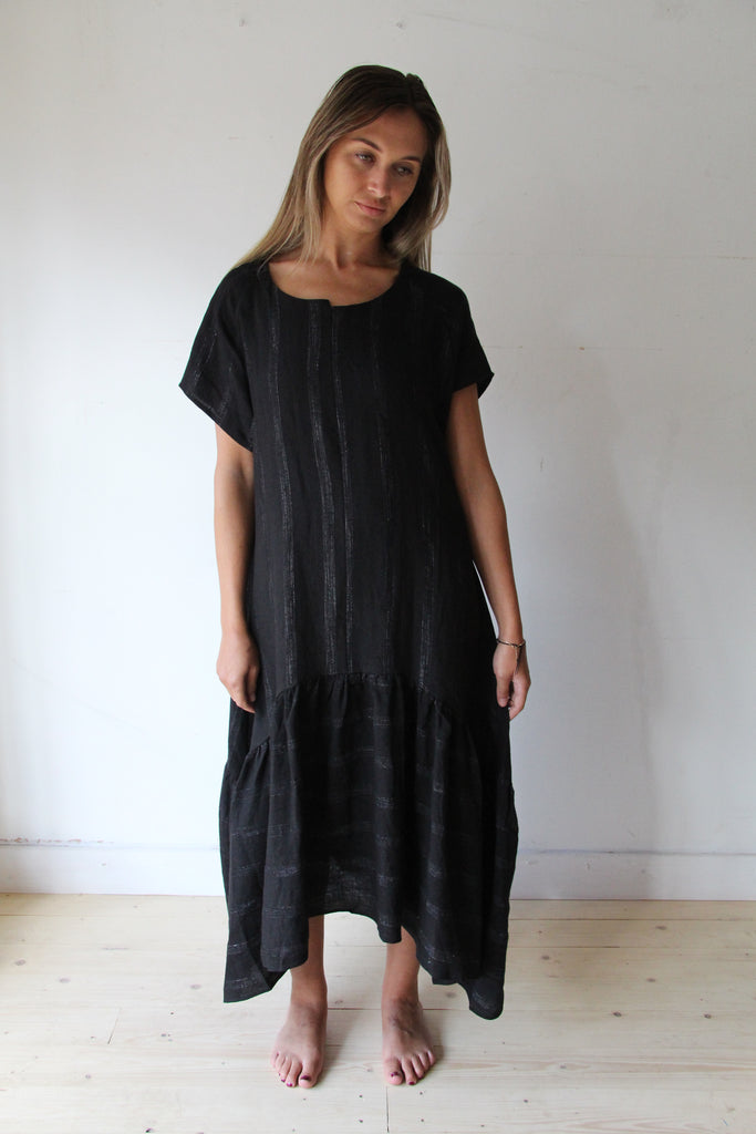 WDTS Black Linen with grey thread Seam Detail Frilled Hem Dress