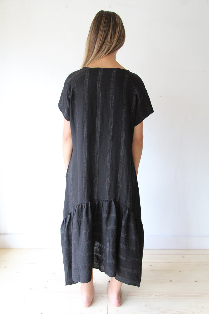 WDTS Black Linen with grey thread Seam Detail Frilled Hem Dress