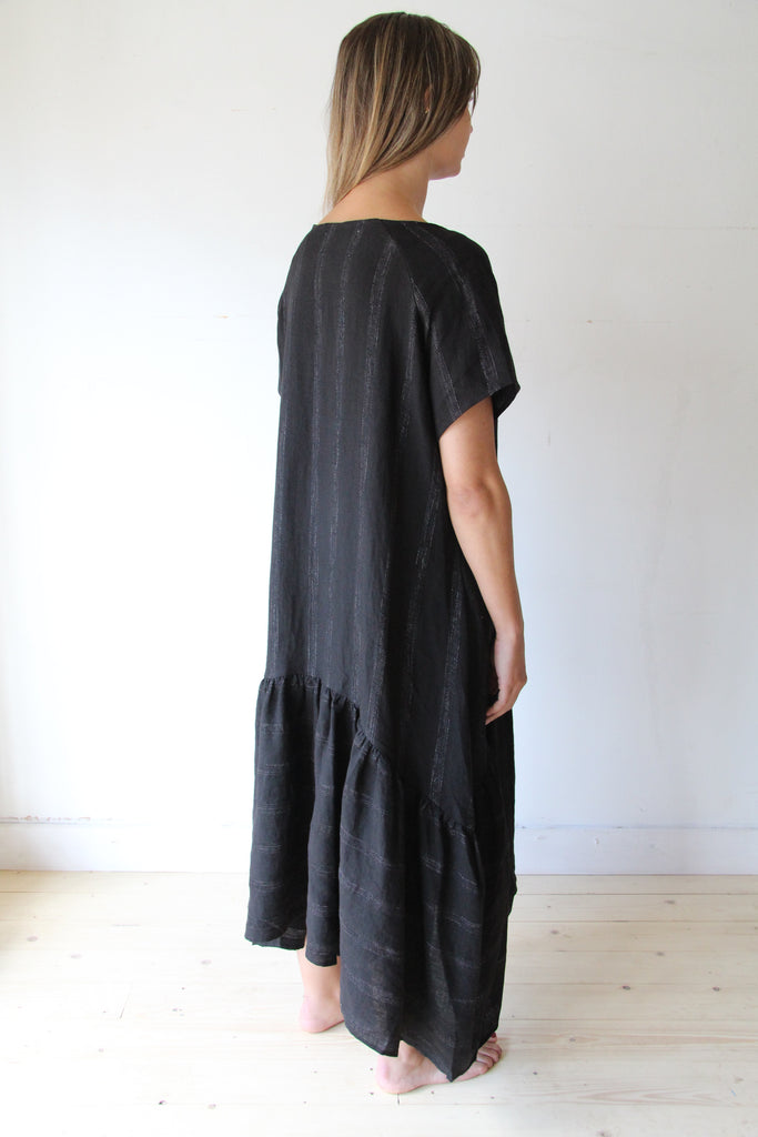 WDTS Black Linen with grey thread Seam Detail Frilled Hem Dress