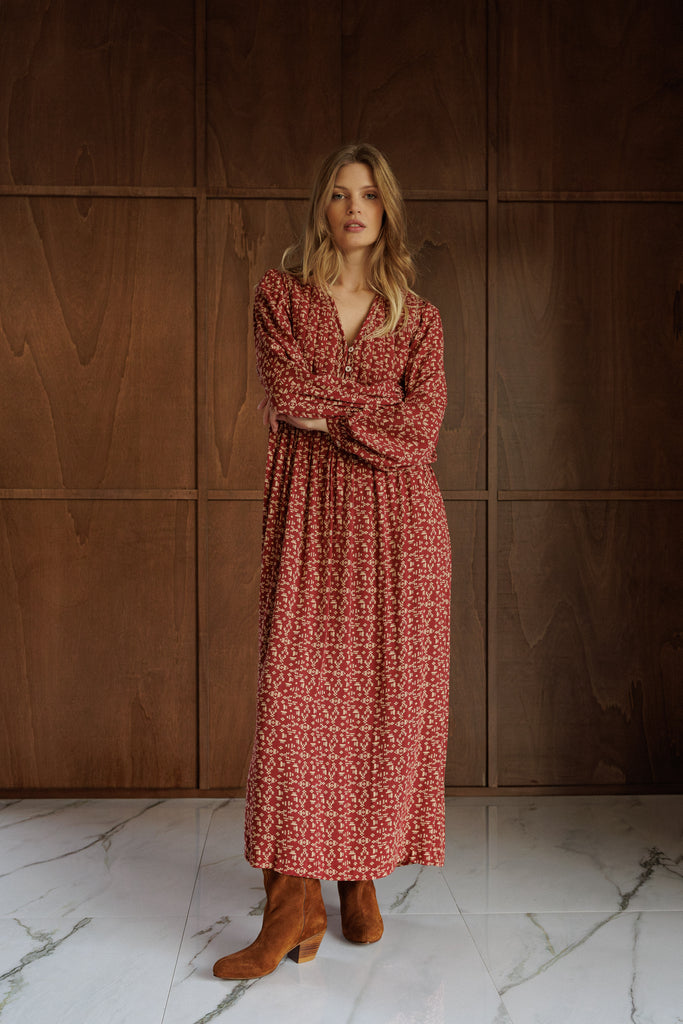 AW26 ETHNIC-PRINT DRESS CHERRY