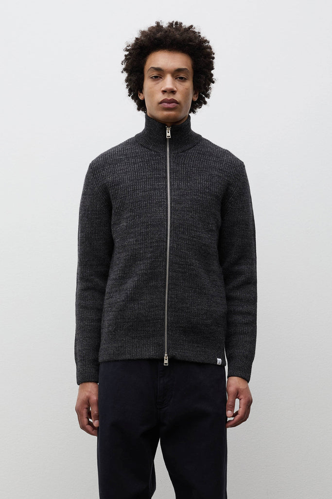 AW26 Norse Projects Hagen Wool Cotton Rib Full Zip Jacket, Dark Grey Melange