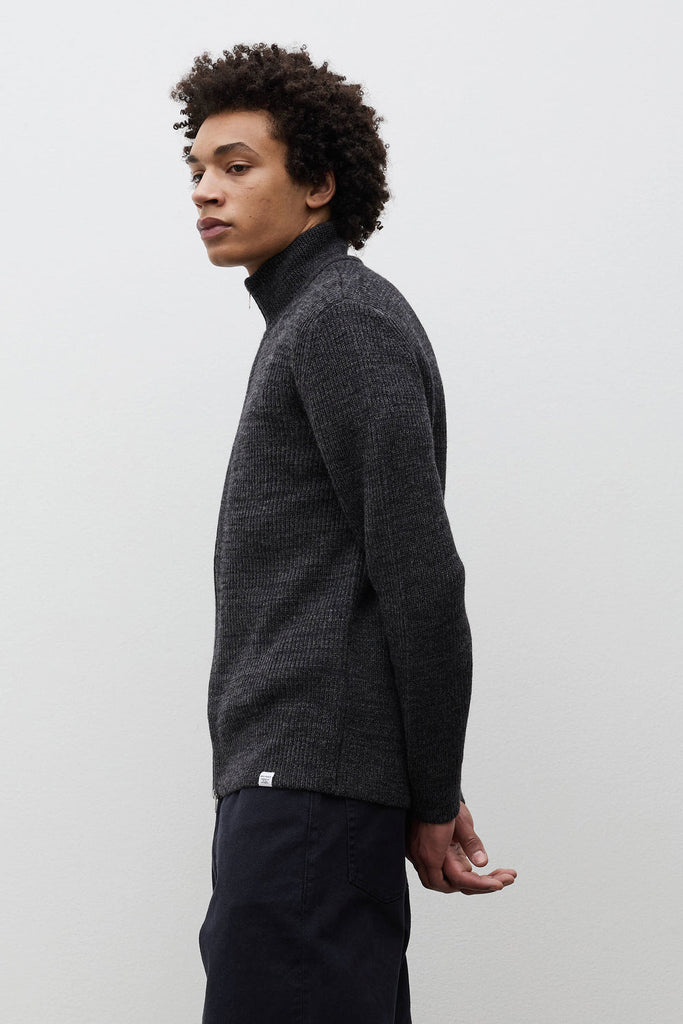 AW26 Norse Projects Hagen Wool Cotton Rib Full Zip Jacket, Dark Grey Melange