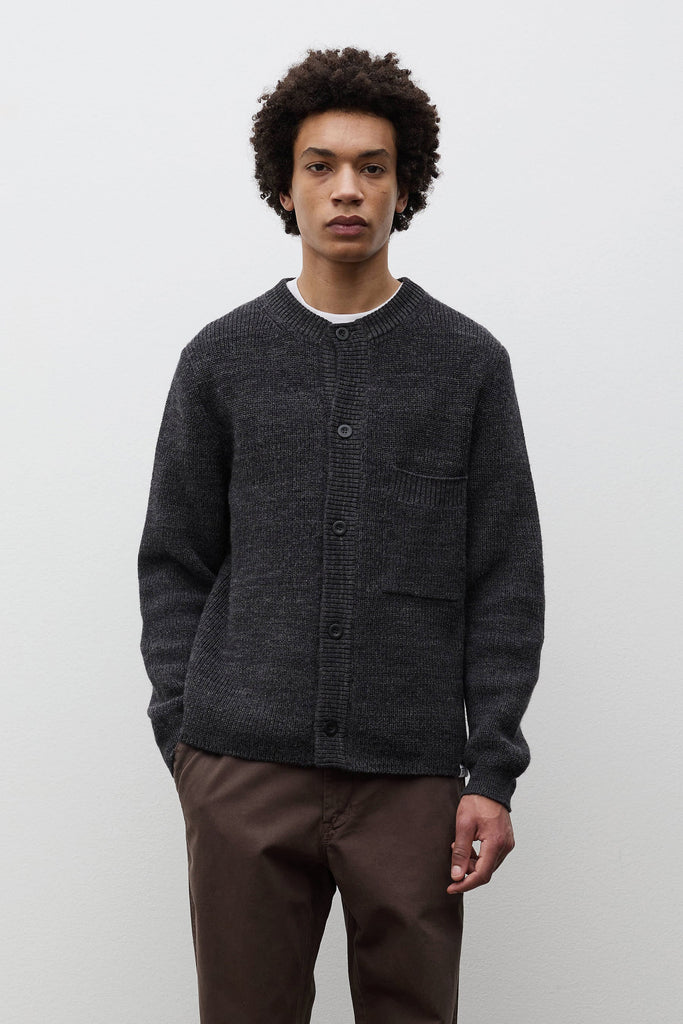AW26 Norse Projects Gullverket Cotton Wool Rib Cardigan, Dark Grey Melange