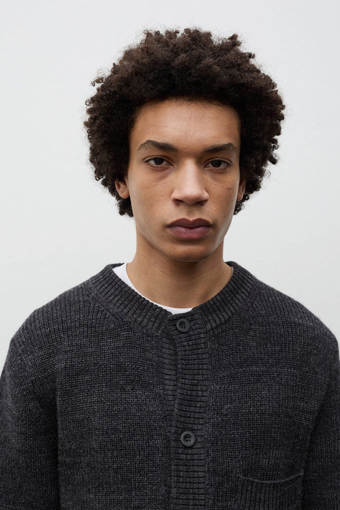 AW26 Norse Projects Gullverket Cotton Wool Rib Cardigan, Dark Grey Melange