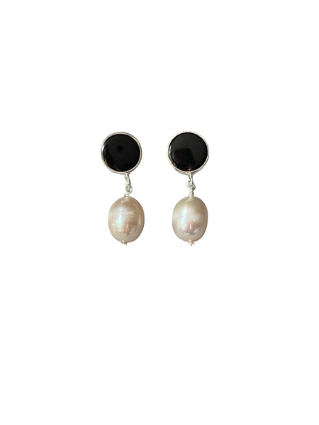 Black Onyx, Pearl Drop Earrings