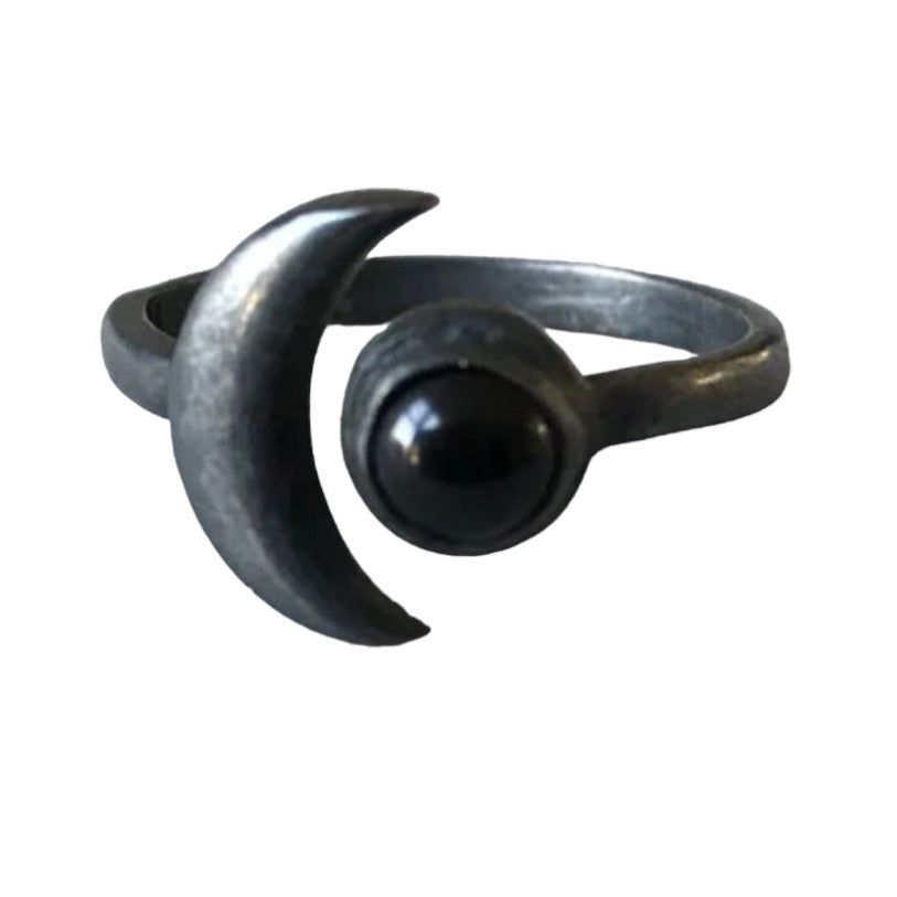 925 Silver moon ring with black onyx - Oxidised