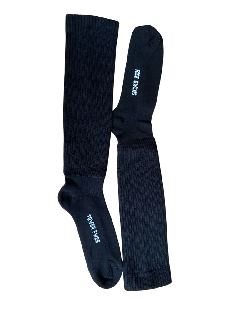 RICK OWENS FW26 TOWER GLITTER SOCKS IN BLACK/PEARL COTTON KNIT