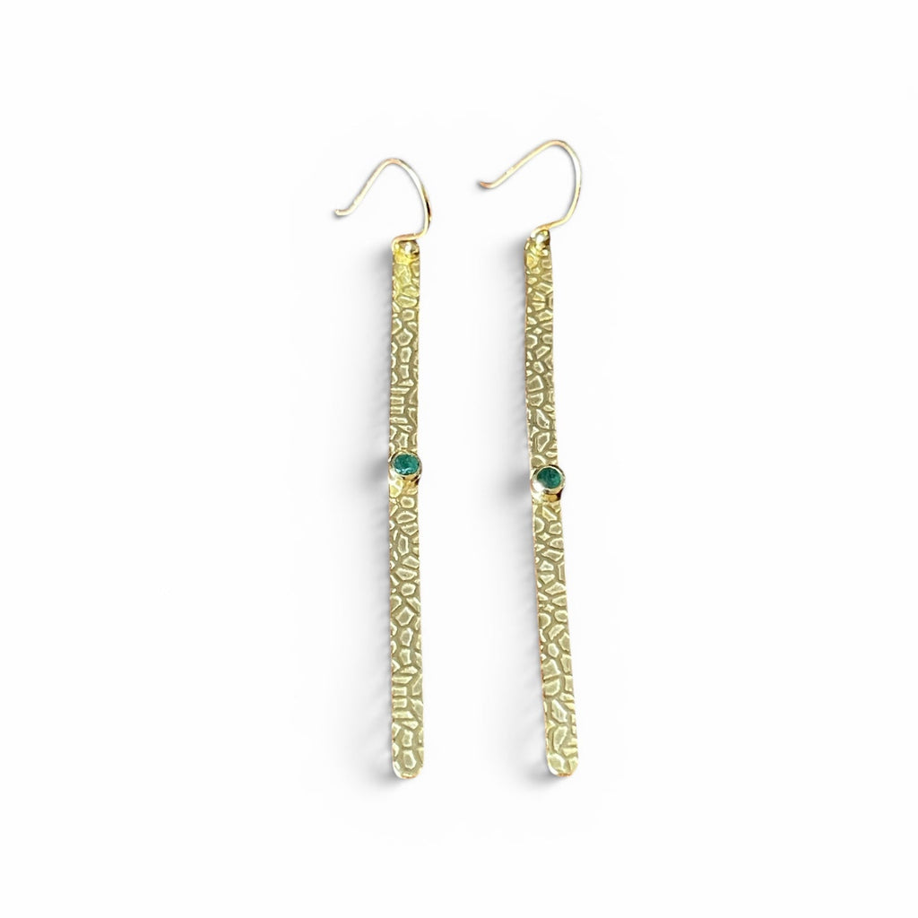 Long Hammered 925 Earrings - Gold Plated with Aventurine Stone