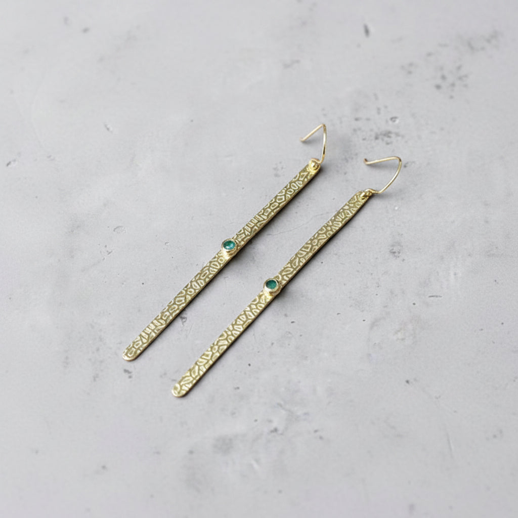 Long Hammered 925 Earrings - Gold Plated with Aventurine Stone