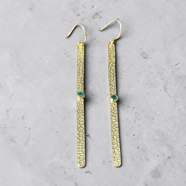 Long Hammered 925 Earrings - Gold Plated with Aventurine Stone