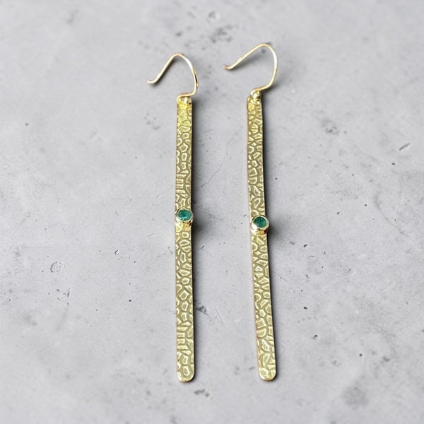 Long Hammered 925 Earrings - Gold Plated with Aventurine Stone