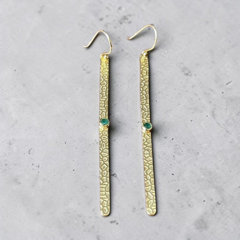 Long Hammered 925 Earrings - Gold Plated with Aventurine Stone