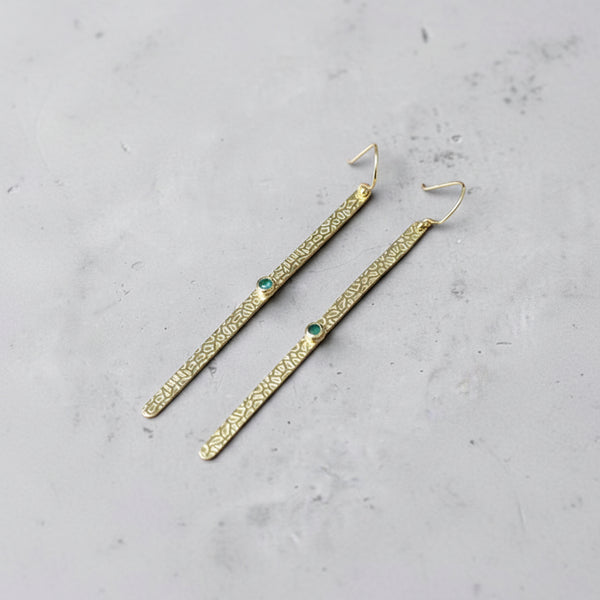 Long Hammered 925 Earrings - Gold Plated with Aventurine Stone