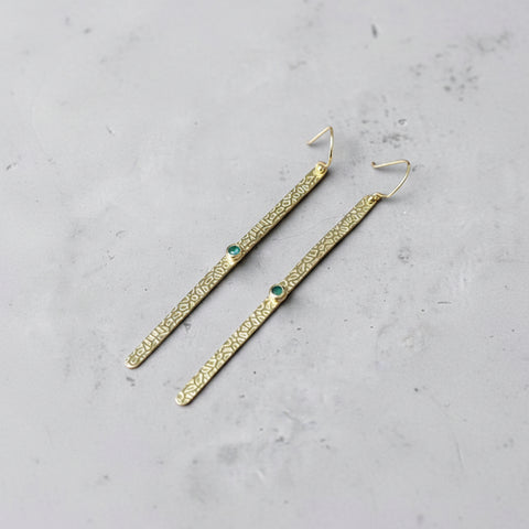 Long Hammered 925 Earrings - Gold Plated with Aventurine Stone