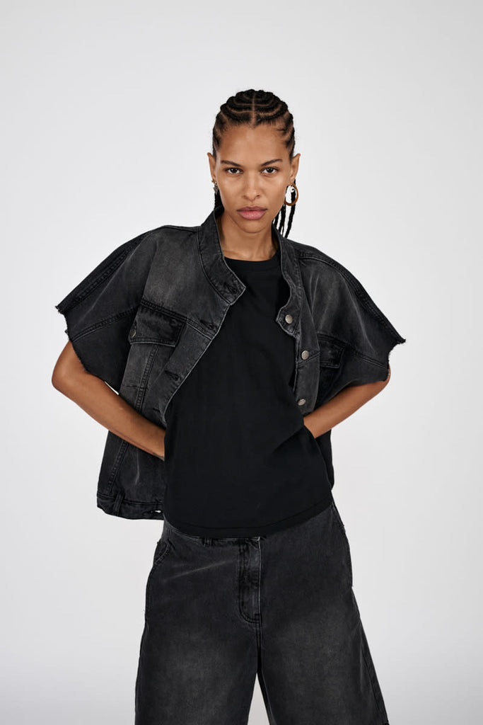 Rabens Saloner Mir Denim vest jacket Washed black denim