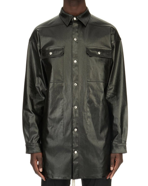 RICK OWENS SS24 OVERSIZED OUTERSHIRT IN BLACK COATED STRETCH DENIM